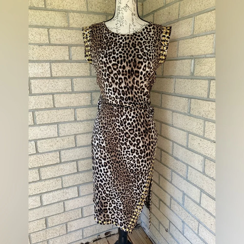 Michael Kors Side Slit Gold Studded Leopard Print Dress Side Ruched Dress